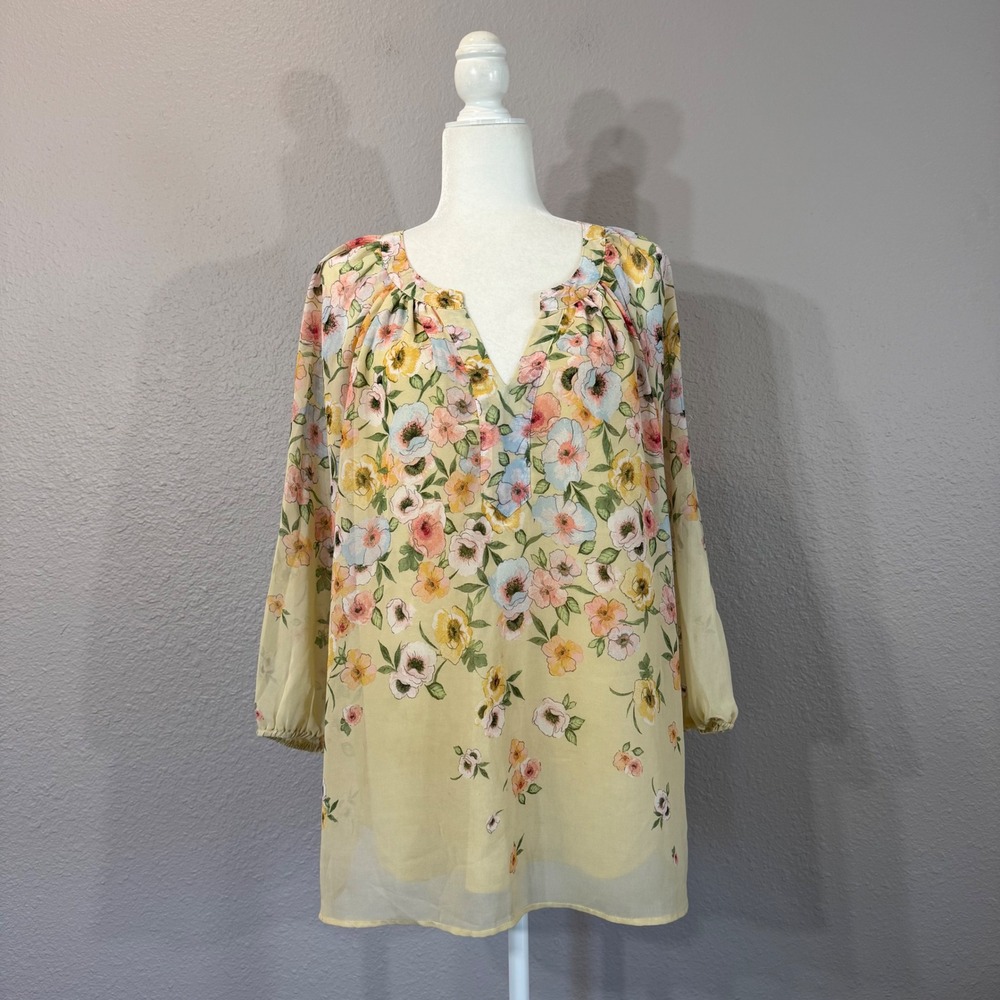 Fig + Flower Women's Size 1X Yellow Floral Long Sleeve‎ V-Neck Chiffon Blouse